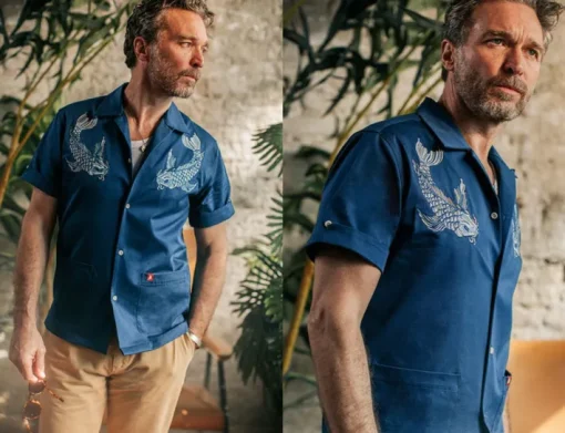 &SONS Tops>Club Shirt Koi Carp Embroidered Blue