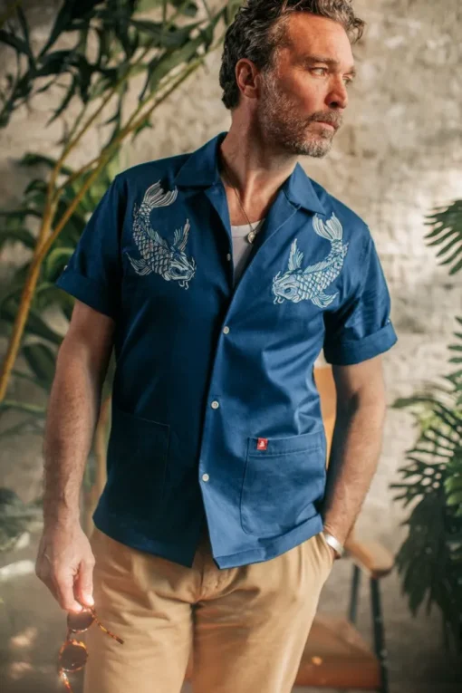 &SONS Tops>Club Shirt Koi Carp Embroidered Blue