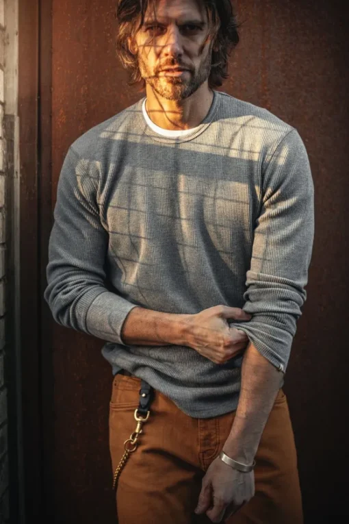 &SONS Tops>Base Waffle Crew Neck Grey Marl