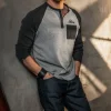 &SONS Tops>Infield Raglan Henley Shirt Grey/Charcoal