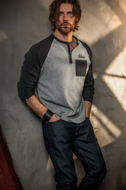 &SONS Tops>Infield Raglan Henley Shirt Grey/Charcoal