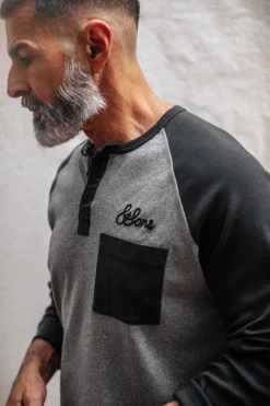 &SONS Tops>Infield Raglan Henley Shirt Grey/Charcoal