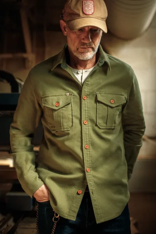 &SONS Tops>Lichen Moleskin Shirt Army Green
