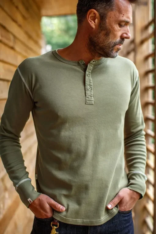 &SONS Tops>The New Elder Henley Shirt Army Green