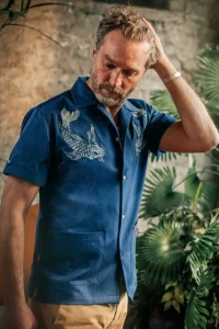 &SONS Tops-Club Shirt Koi Carp Embroidered Blue