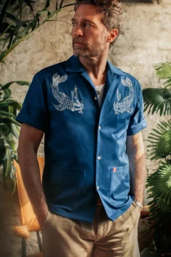 &SONS Tops-Club Shirt Koi Carp Embroidered Blue