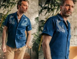 &SONS Tops-Club Shirt Koi Carp Embroidered Blue