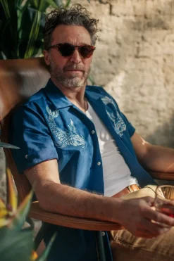 &SONS Tops-Club Shirt Koi Carp Embroidered Blue