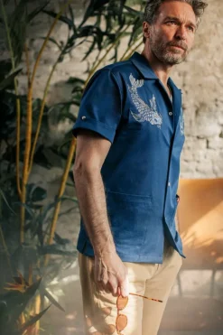 &SONS Tops-Club Shirt Koi Carp Embroidered Blue