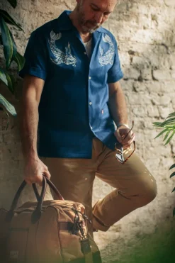 &SONS Tops-Club Shirt Koi Carp Embroidered Blue