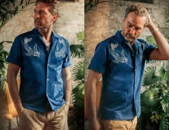 &SONS Tops-Club Shirt Koi Carp Embroidered Blue