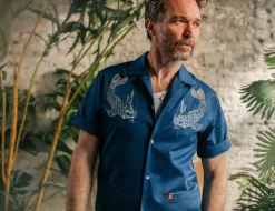 &SONS Tops-Club Shirt Koi Carp Embroidered Blue