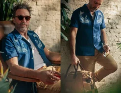 &SONS Tops-Club Shirt Koi Carp Embroidered Blue