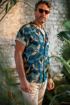 &SONS Tops-Aloha Crane Club Shirt Blue