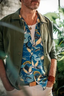 &SONS Tops-Aloha Crane Club Shirt Blue