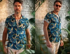 &SONS Tops-Aloha Crane Club Shirt Blue