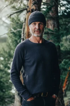 &SONS Tops-Base Waffle Crew Neck Navy