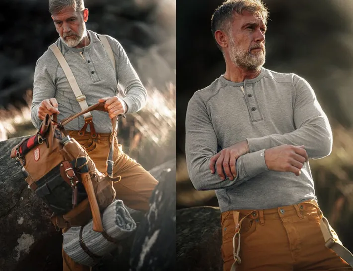 &SONS Tops-Flint Henley Grey Marl