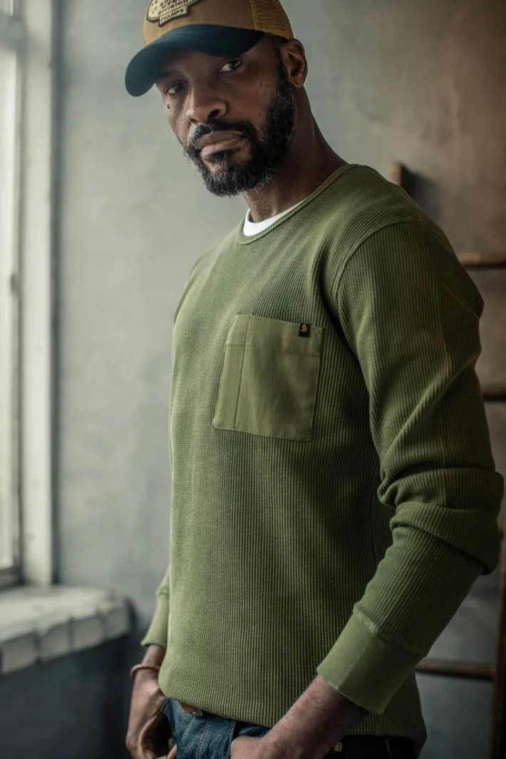 &SONS Tops-Glen Pocket Waffle Crew Surplus Green