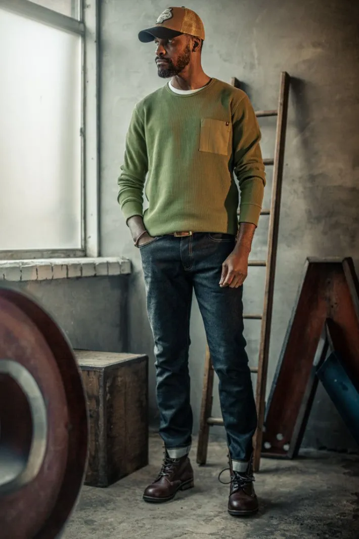 &SONS Tops-Glen Pocket Waffle Crew Surplus Green