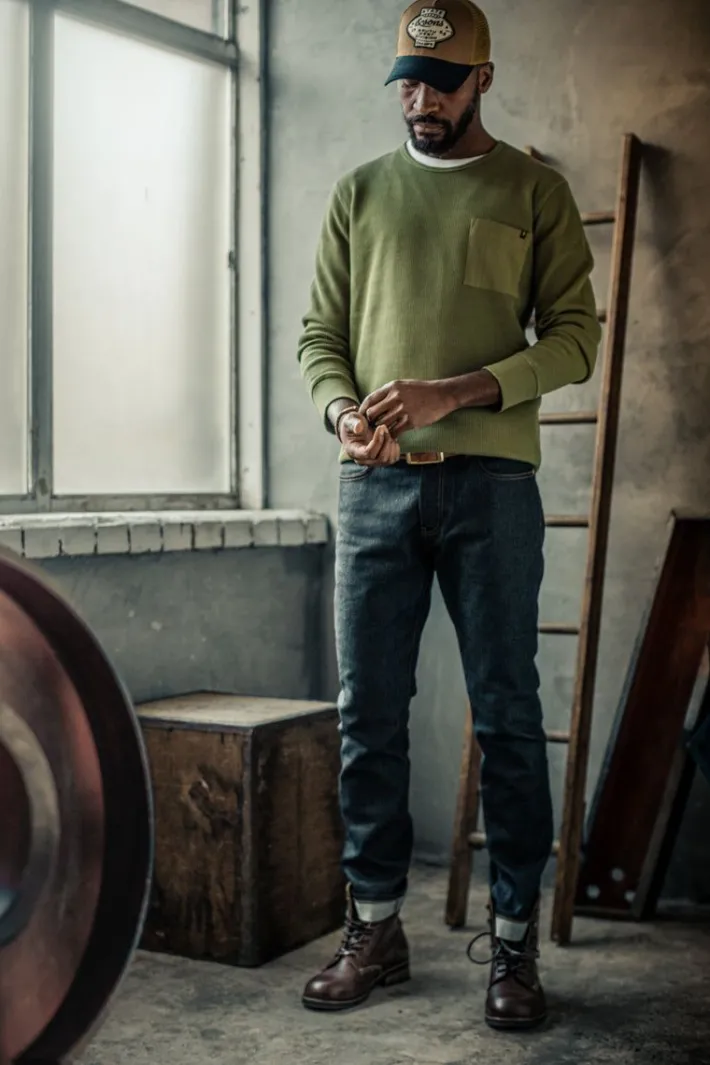 &SONS Tops-Glen Pocket Waffle Crew Surplus Green