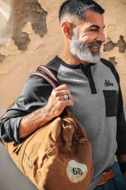 &SONS Tops-Infield Raglan Henley Shirt Grey/Charcoal