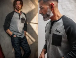 &SONS Tops-Infield Raglan Henley Shirt Grey/Charcoal