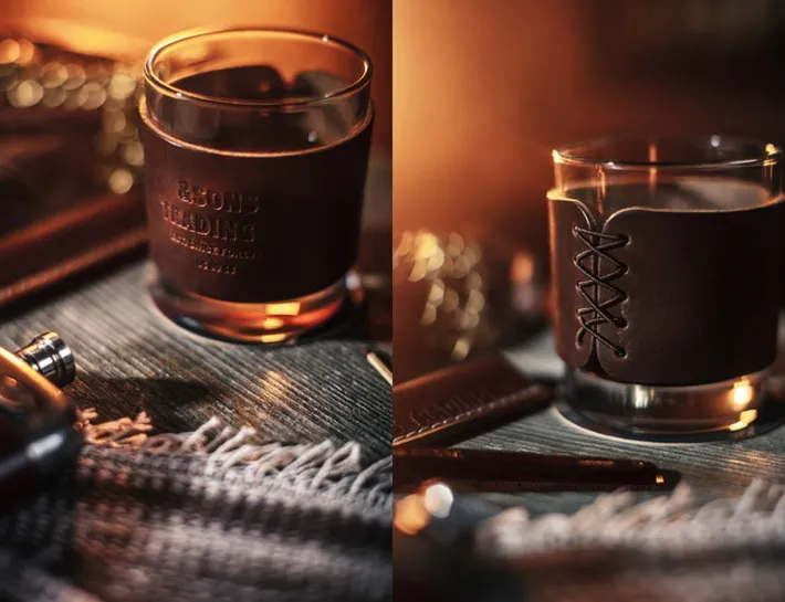 &SONS Leather Goods-Leather Whiskey Glass Band Brown