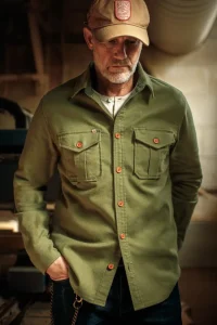 &SONS Tops-Lichen Moleskin Shirt Army Green