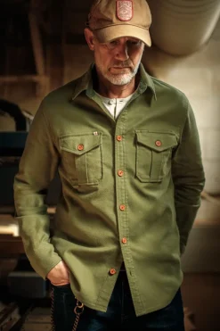 &SONS Tops-Lichen Moleskin Shirt Army Green