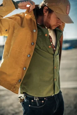 &SONS Tops-Lichen Moleskin Shirt Army Green