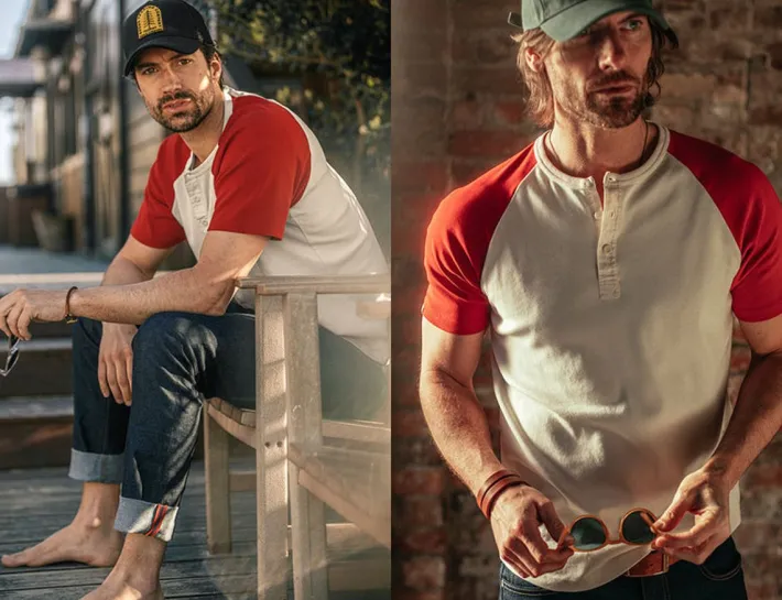 &SONS Tops-The Chariot Henley Shirt Raw/Red