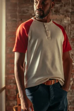 &SONS Tops-The Chariot Henley Shirt Raw/Red