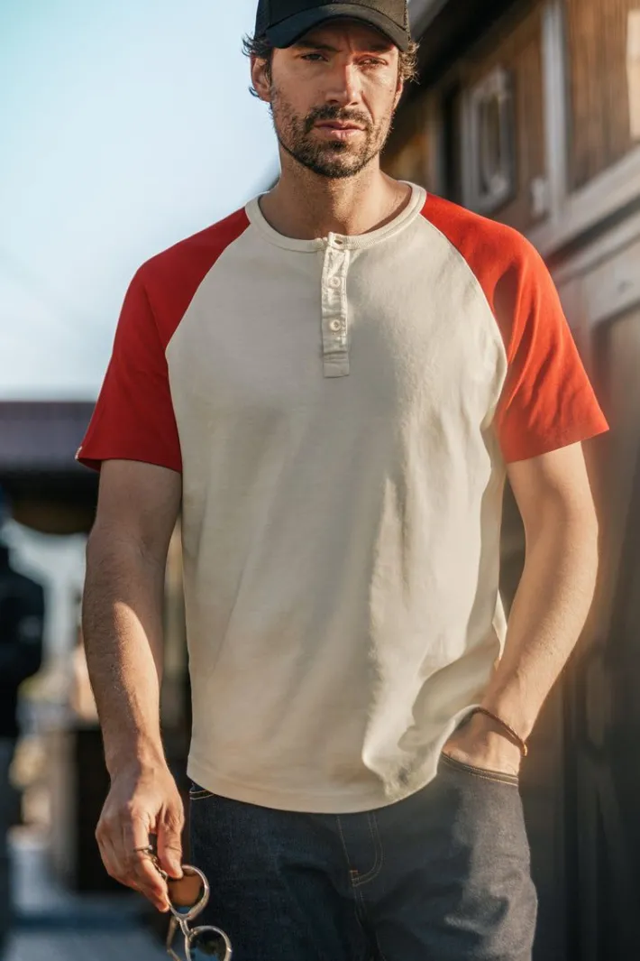 &SONS Tops-The Chariot Henley Shirt Raw/Red