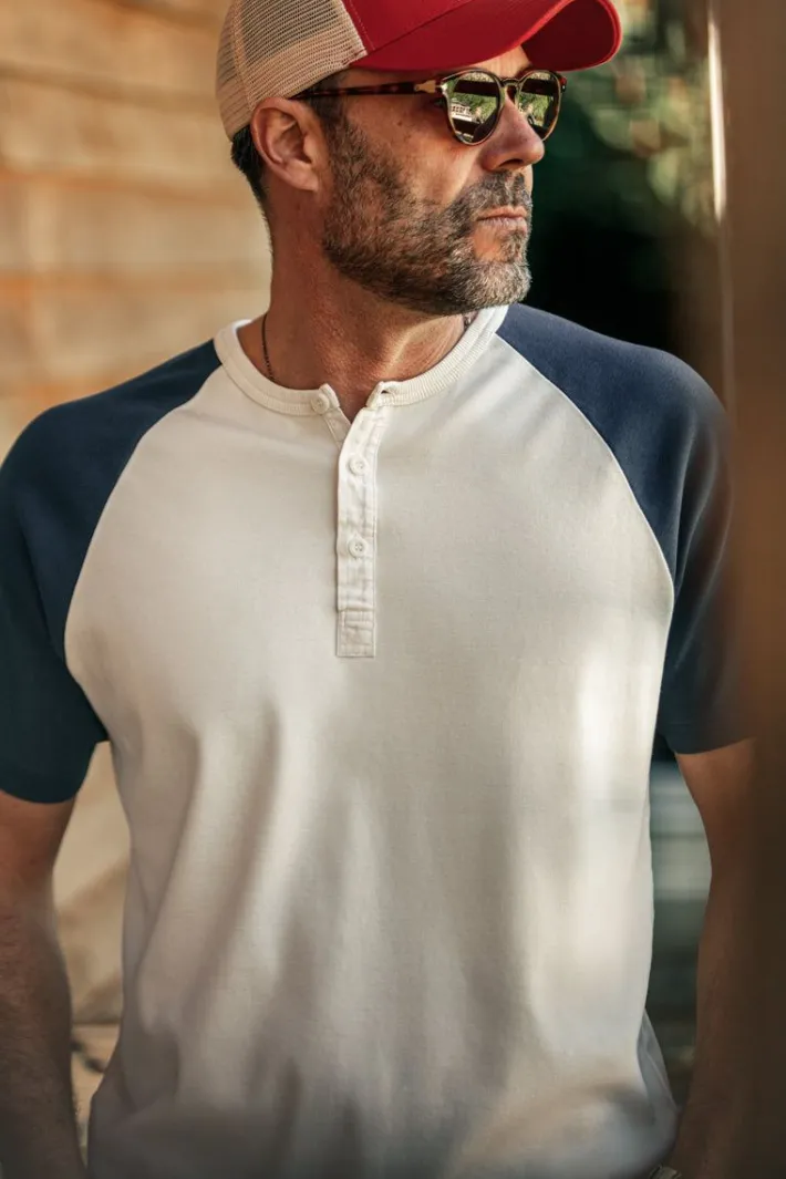 &SONS Tops-The Chariot Henley Shirt Raw/Indigo