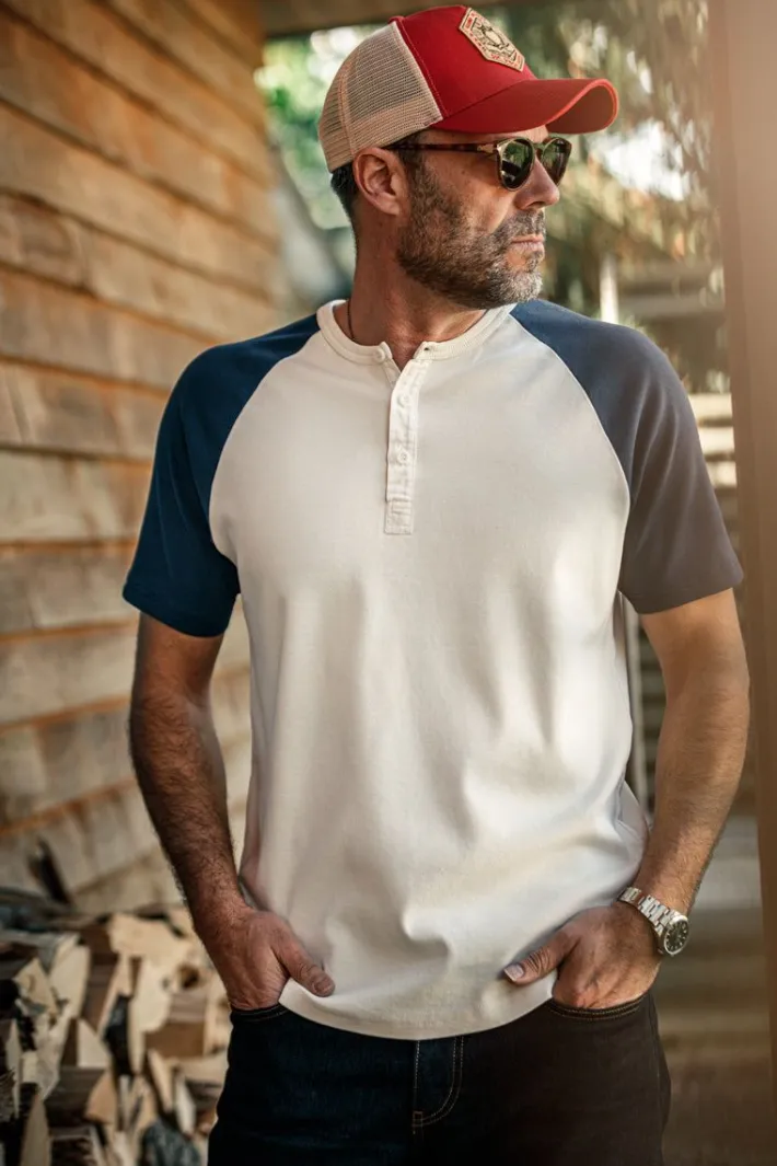 &SONS Tops-The Chariot Henley Shirt Raw/Indigo