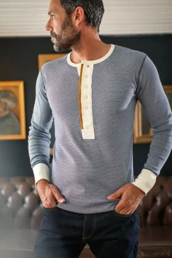 &SONS Tops-Wilder Henley Ticking Blue