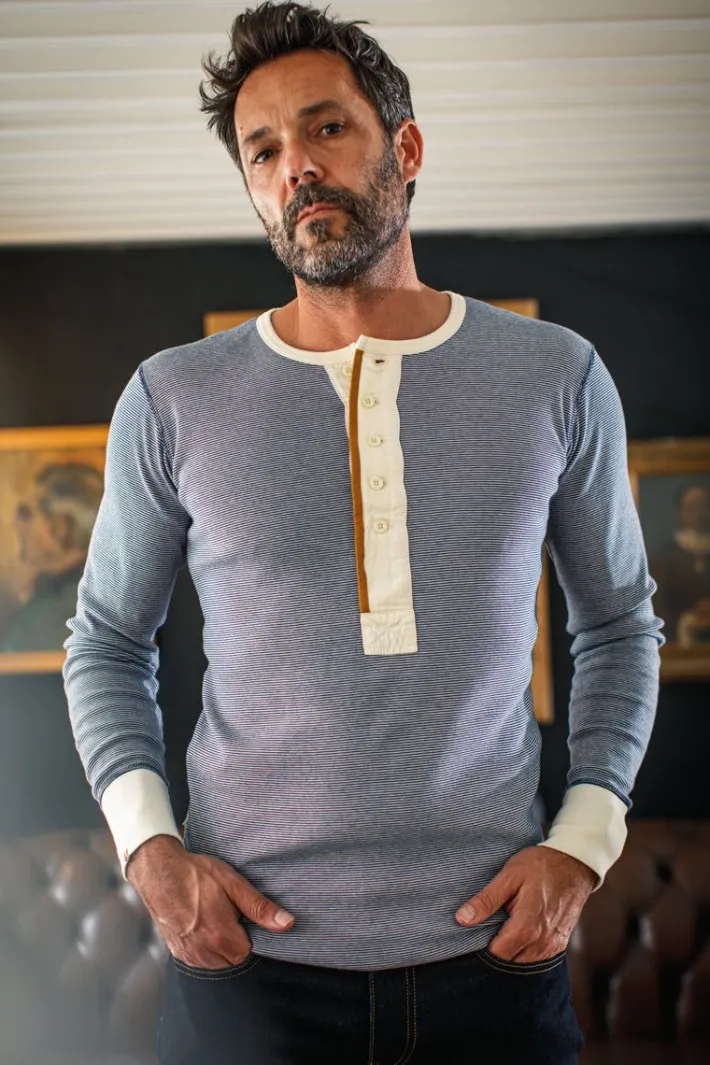 &SONS Tops-Wilder Henley Ticking Blue