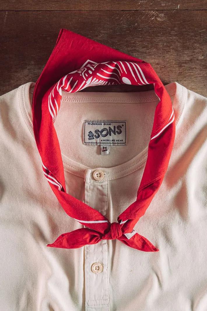 &SONS Scarves-Woodcut Bandana Red